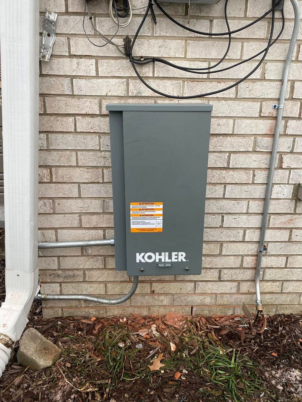 Kohler electrical panel mounted on a brick wall with visible wiring and foliage below.